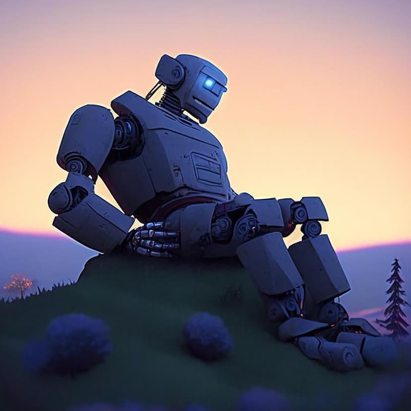 A massive robot reclines on a hillside at dusk