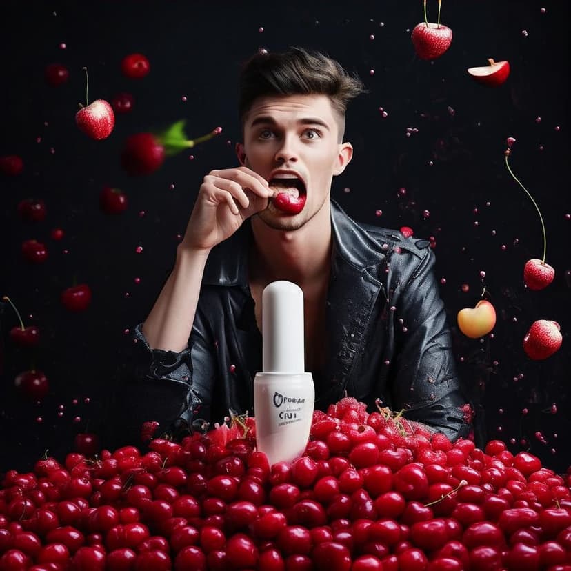 A stylish young man playfully bites into a deodorant like a snack