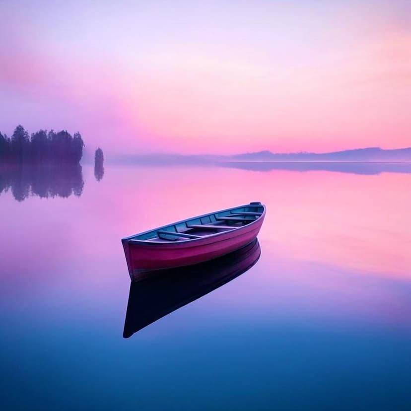 A tiny wooden boat drifts on a mirror-like lake at dawn