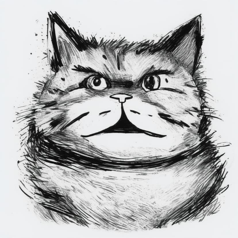 A chubby scribble-drawn cat with messy fur