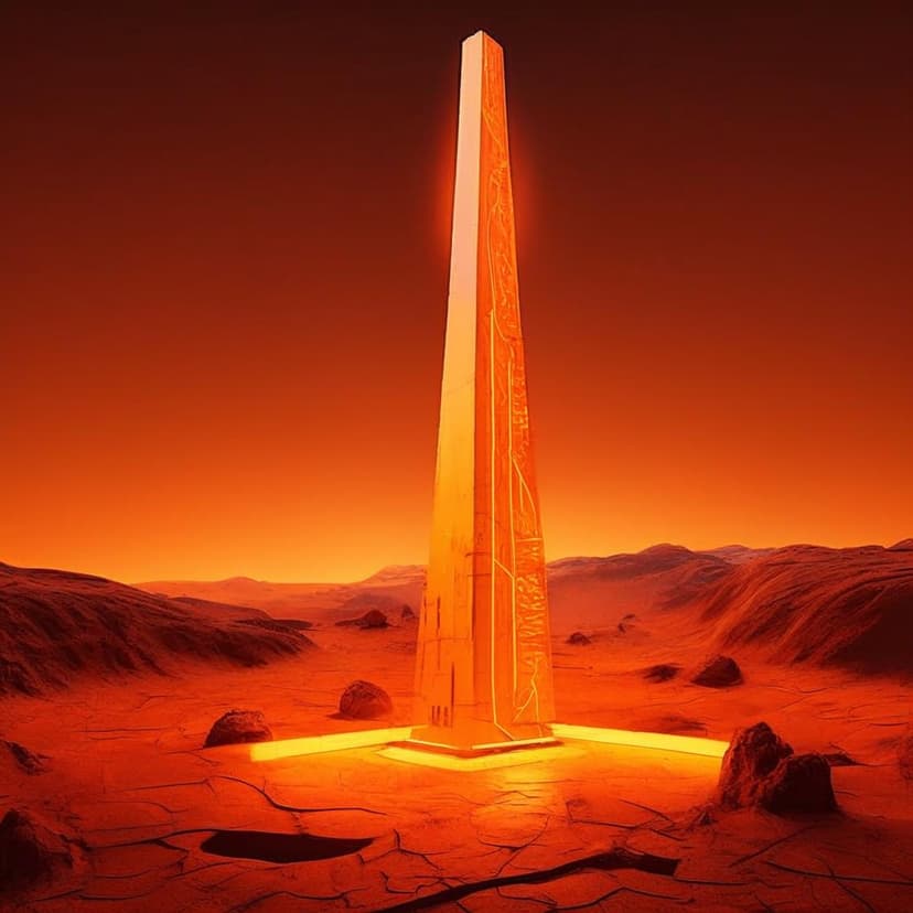 A towering sci-fi brutalist obelisk with glowing orange neon lights stands on Mars’ rust-hued terrain –ar 9:16 –v 7 –stylize 250