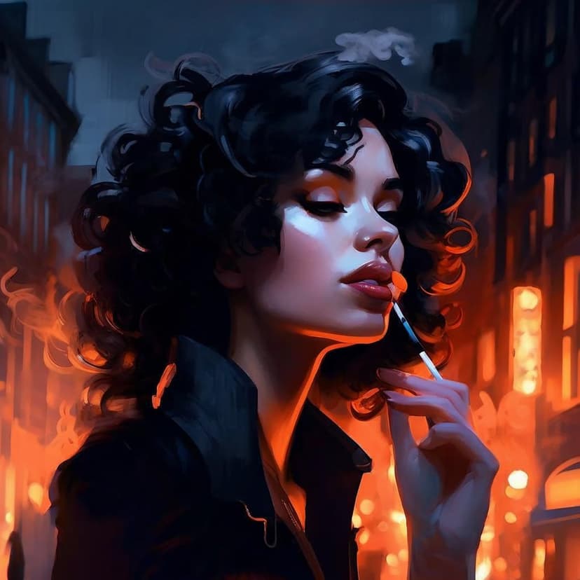 A noir-style digital painting of a French woman with dark curls smoking under city lights