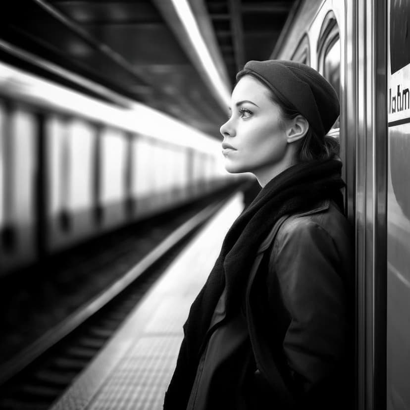 Black and white photo of a stylish woman waiting for a subway train