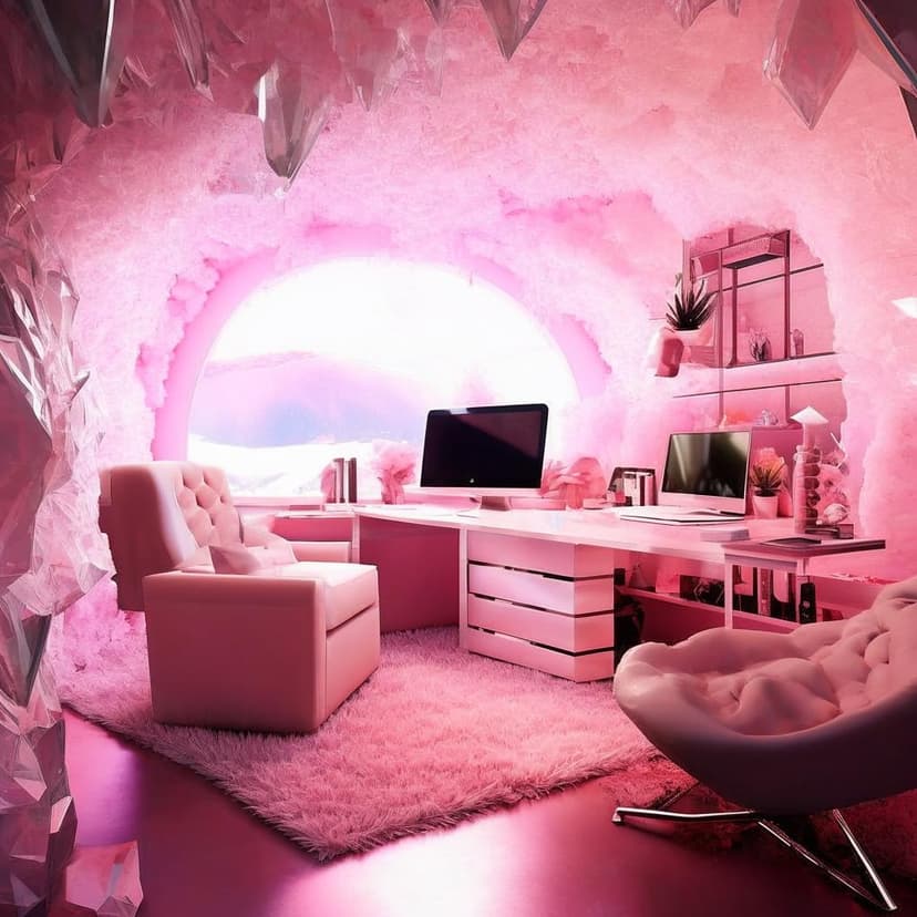 A lavish ice cave office with pink plush decor