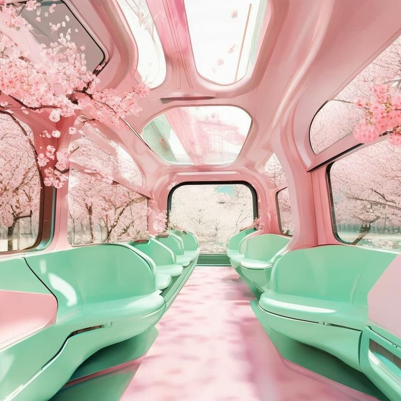 A sleek retrofuturistic train in pastel pink and mint green