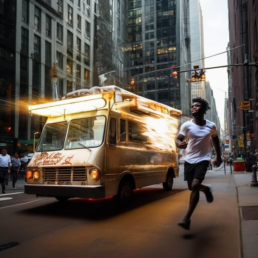 Young Black man dashes past a SoHo food truck