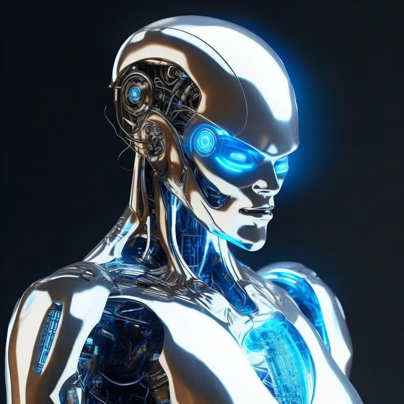 A futuristic AI humanoid with silver and blue metallic skin