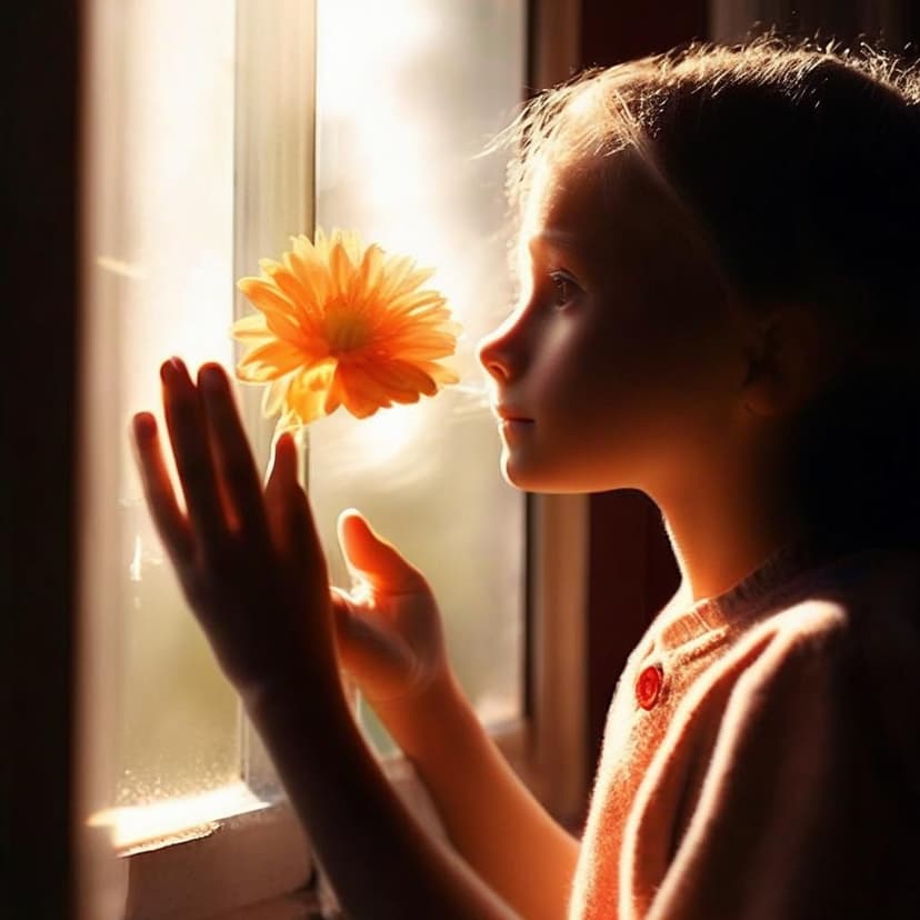 A surprised girl reaches out to touch a flower drifting through the window