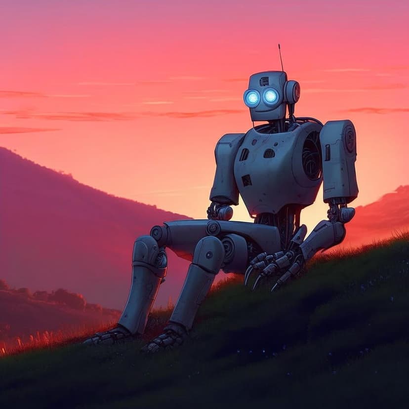 A massive robot reclines on a hillside at dusk