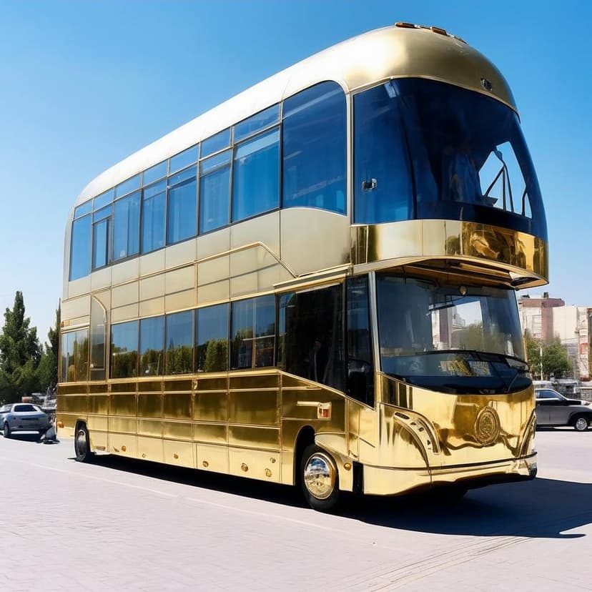 A futuristic three-story glass boutique bus glides through Tashkent’s sunny streets