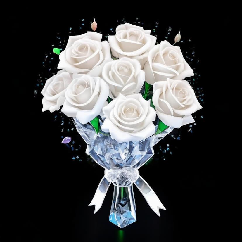 A cute anime-style bouquet of white roses in clear plastic with ribbons and diamond accents
