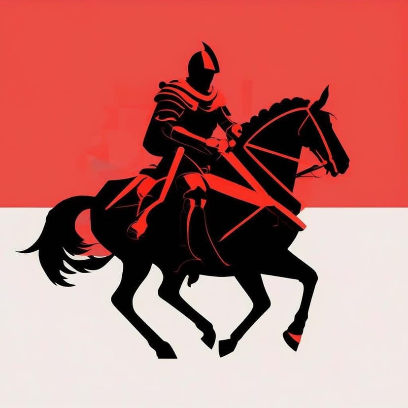 A bold red and black geometric knight on horseback