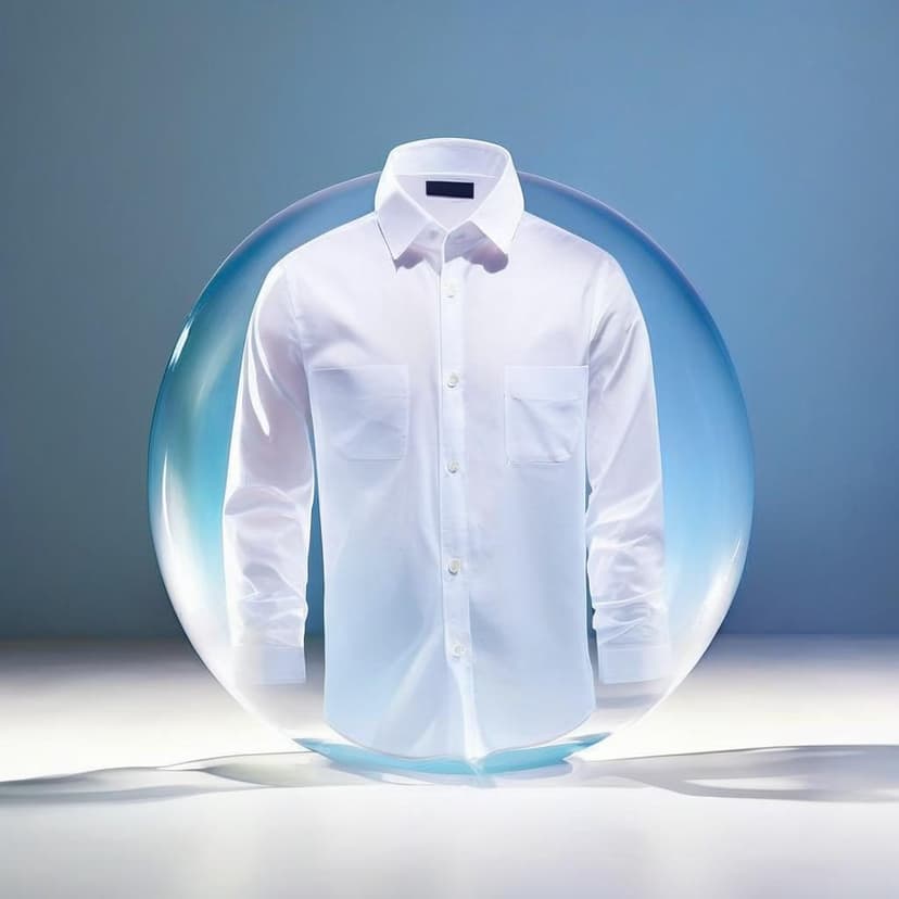 A pristine white cotton dress shirt floats elegantly inside a large translucent bubble