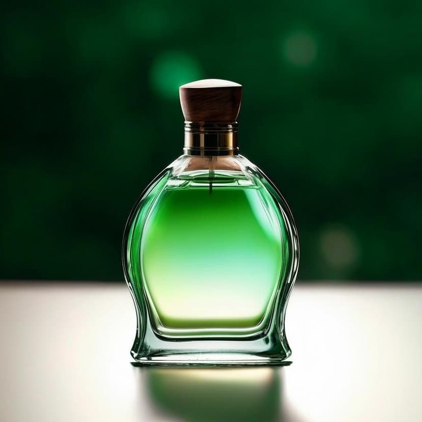 A sleek glass-and-wood tea perfume bottle shines under moonlight on a white backdrop