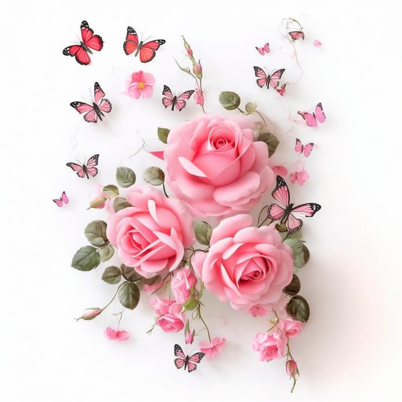 A romantic sticker-style pink rose garland with birds and butterflies on white