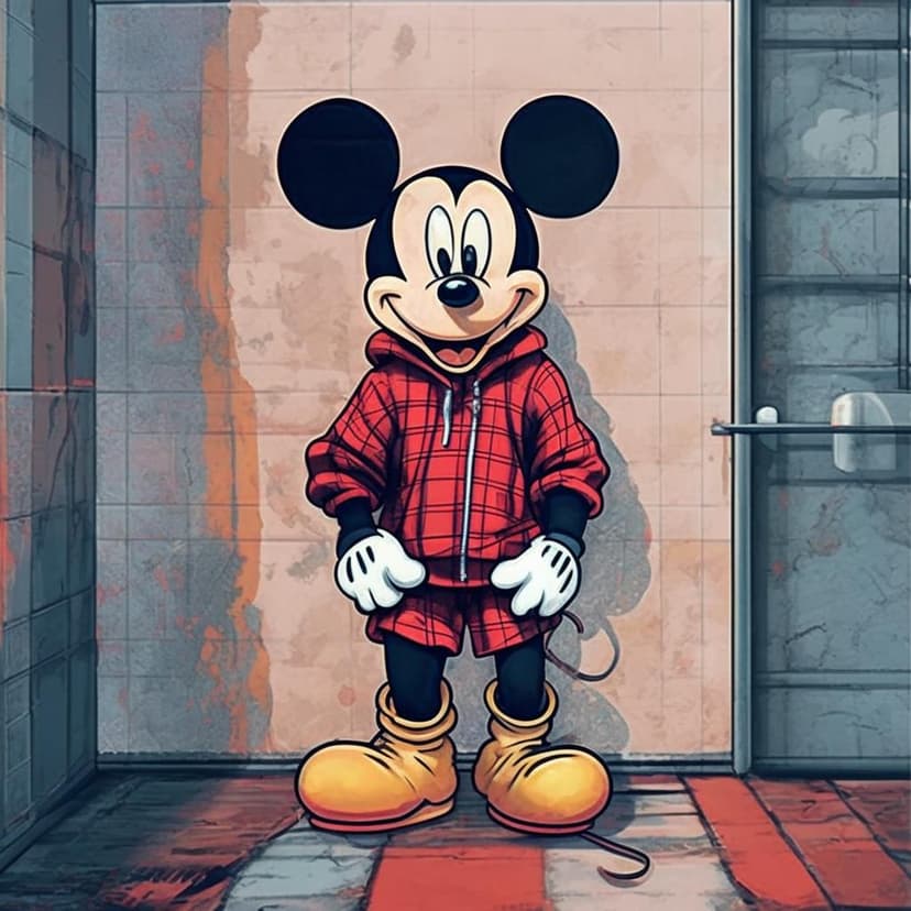 A retro manga-style poster of Mickey Mouse in a red hoodie and plaid pants