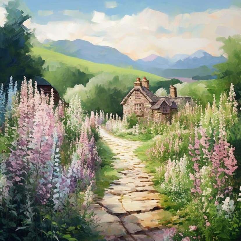 A winding stone path leads to a lush English garden with foxgloves