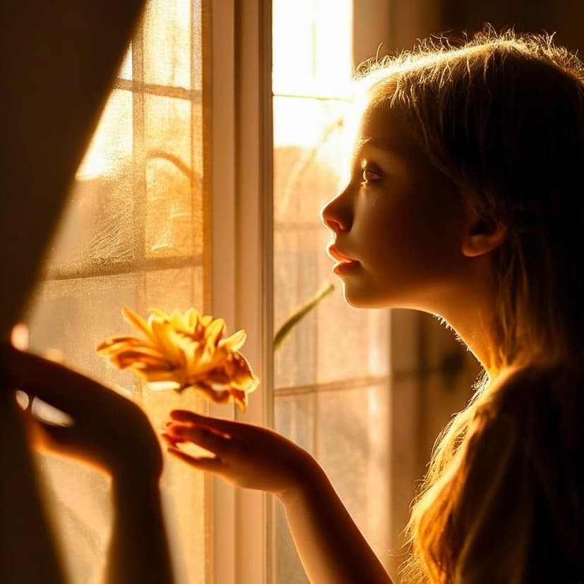 A surprised girl gently touches a flower reaching through the window