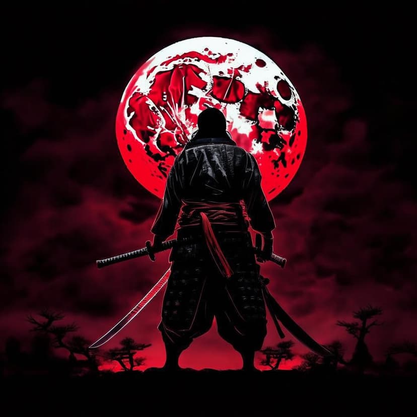 A solitary samurai in black robes stands beneath a crimson moon