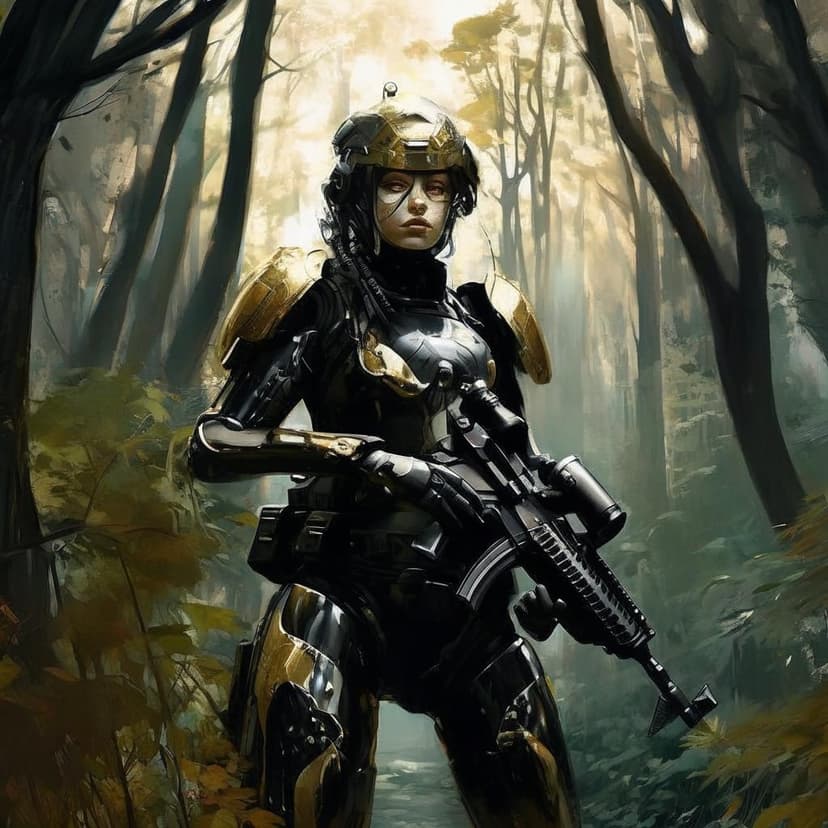 A soldier woman in sleek sci-fi armor peers through her rifle’s scope. Black