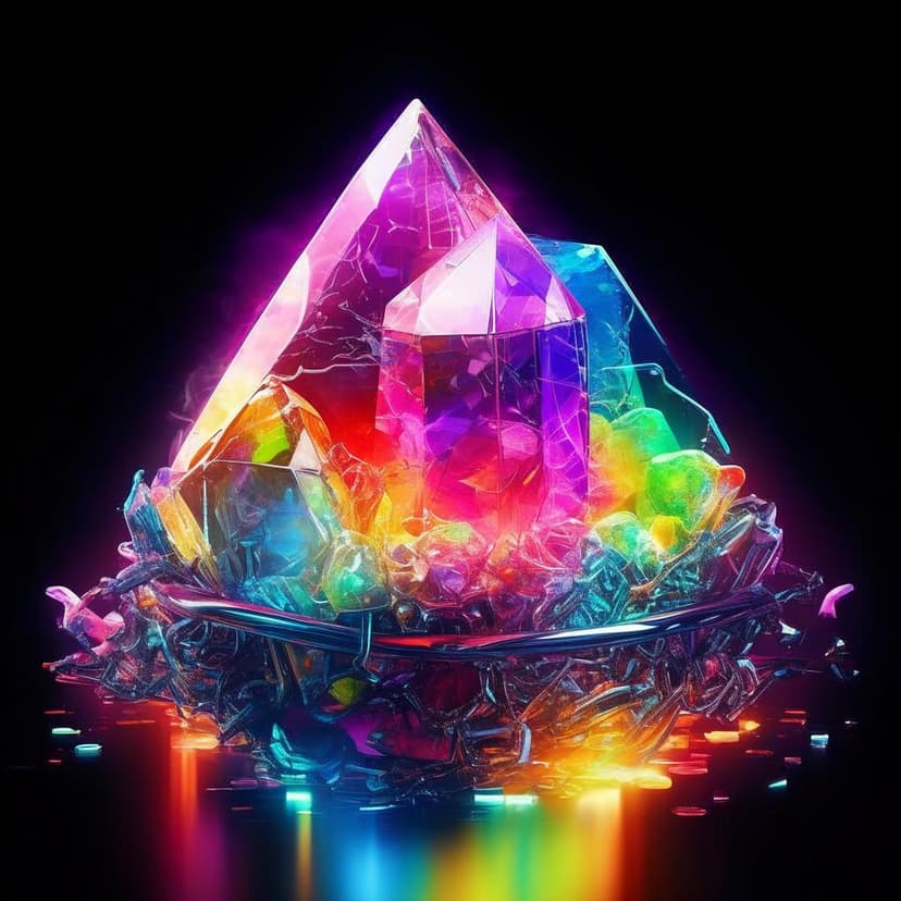 Surreal digital collage: glowing rainbow quartz crystal with embedded microchip