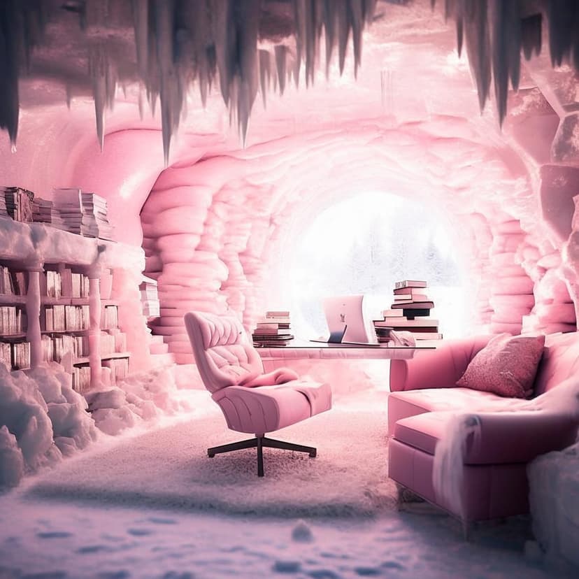A lavish pink and white home office inside an ice cave