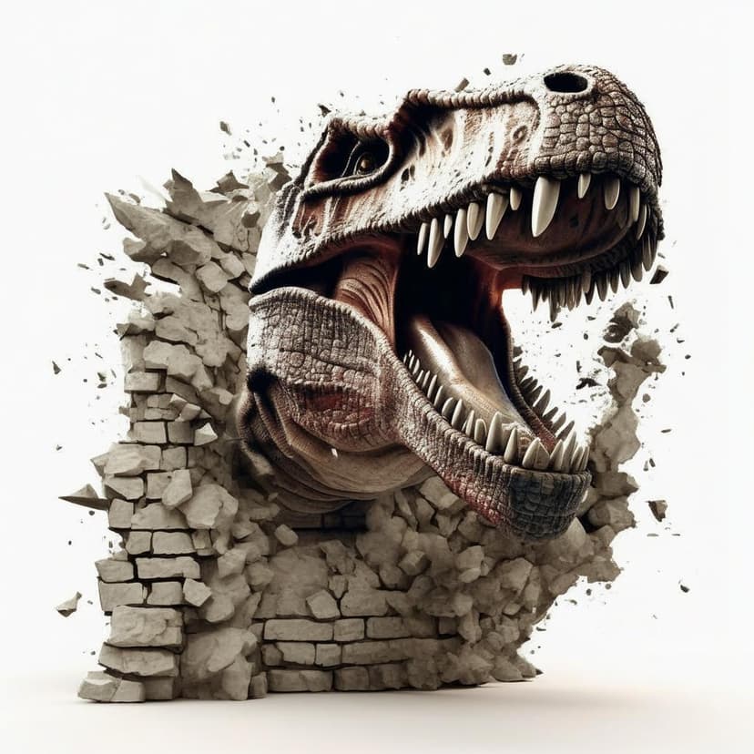 A T. rex bursts through a wall