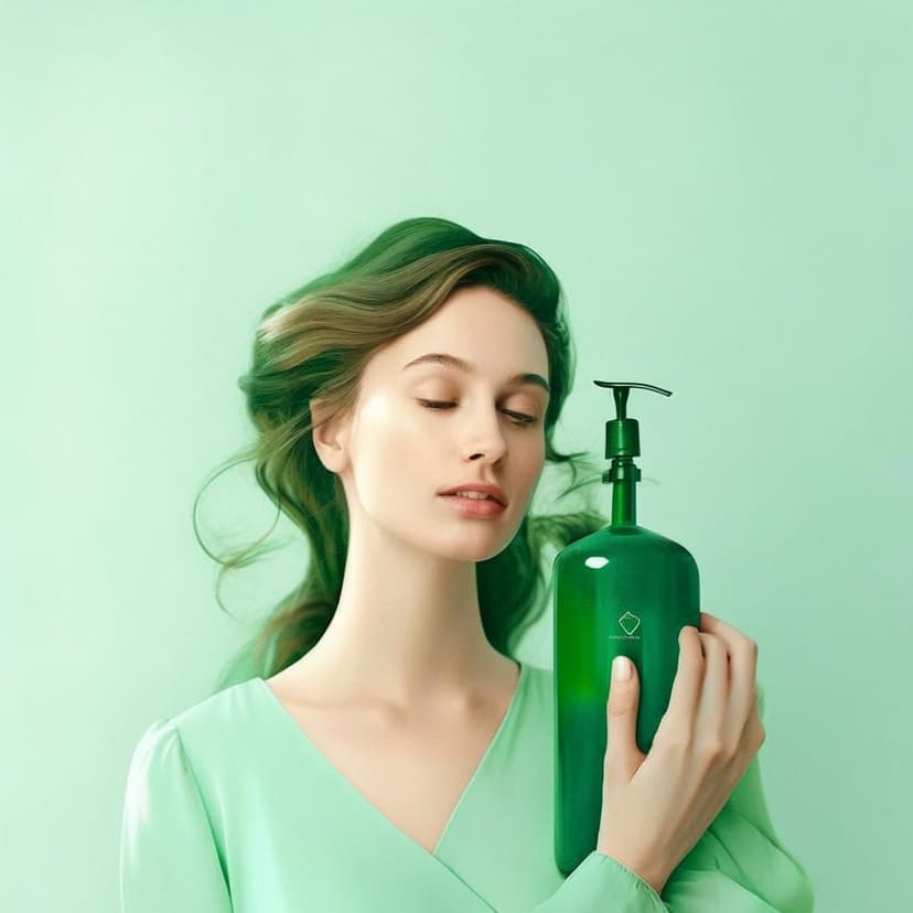 A young woman admires a green shampoo bottle
