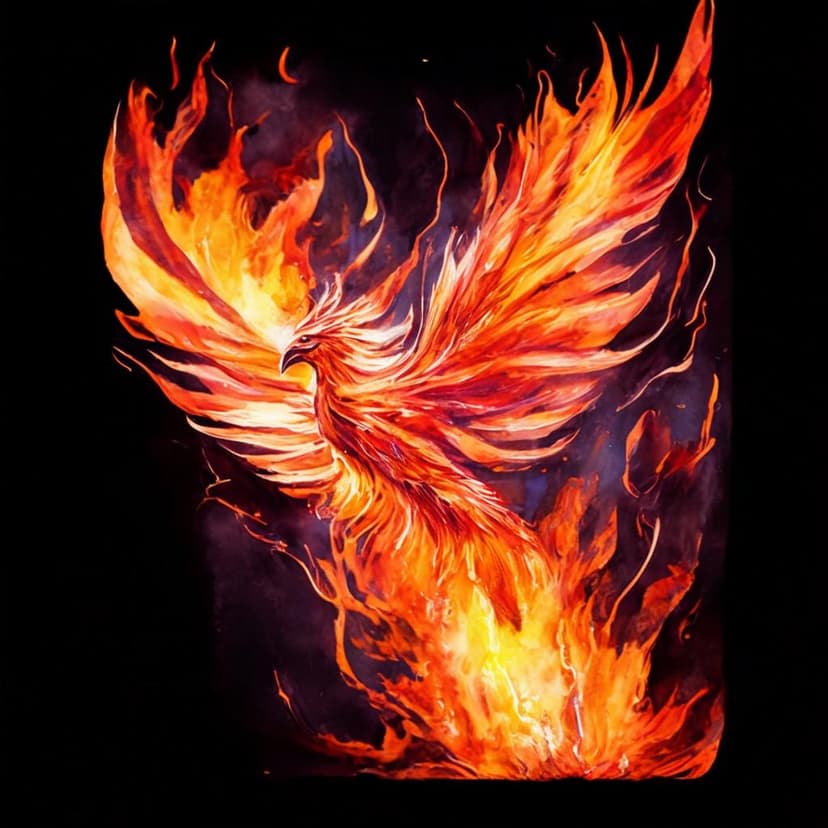 A fiery phoenix soars from ashes