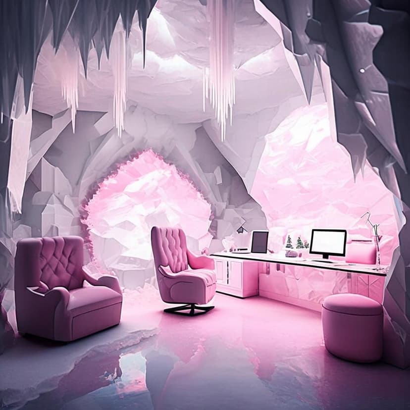 A lavish ice cave office with pink and white decor