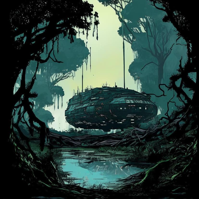 A comic-style Serenity from *Firefly* rests in a misty ancient forest