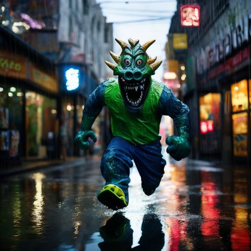 A monster mascot sprints through rain-soaked streets