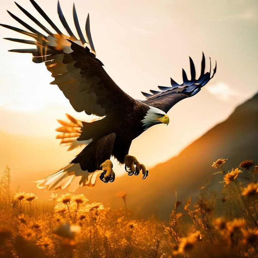 A majestic eagle soars through golden-lit skies