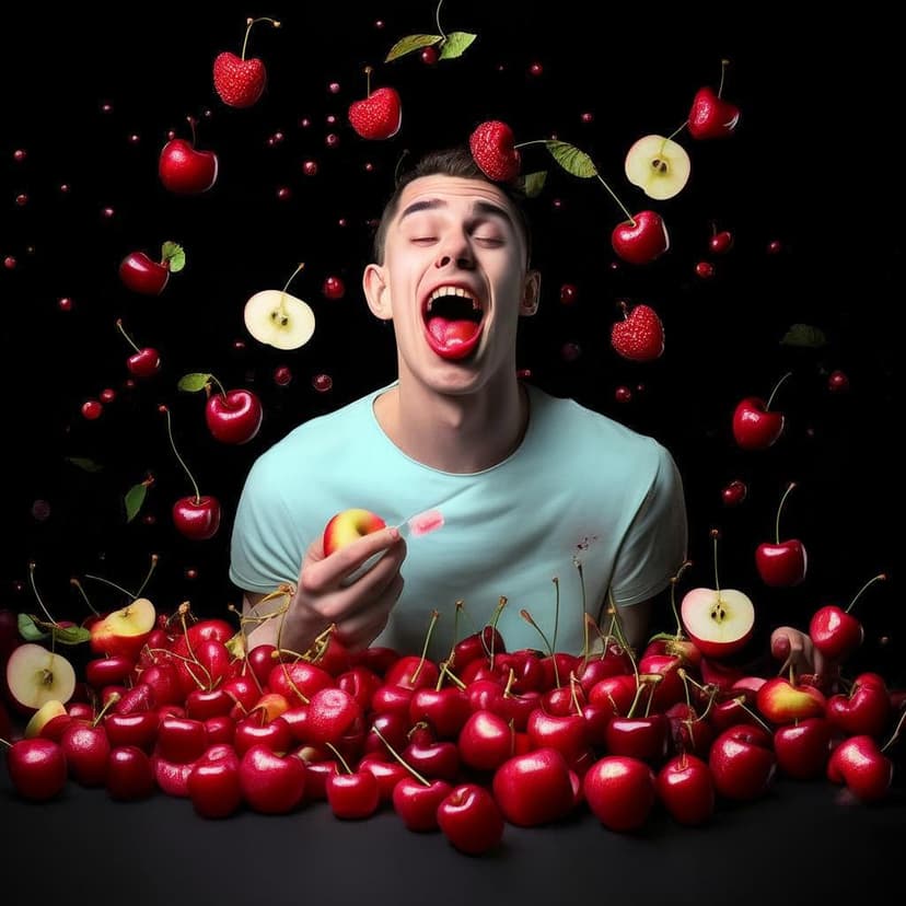 A stylish young man playfully bites into deodorant like a snack