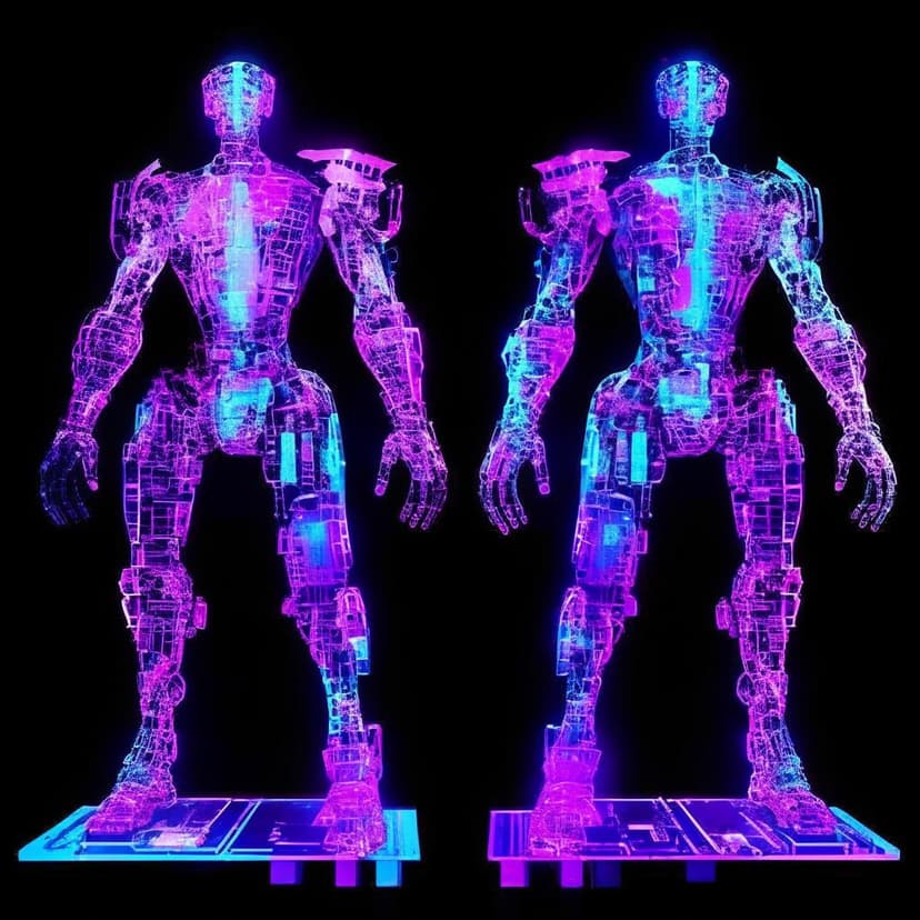 A cyberpunk humanoid stand with a split design: left side circuit boards