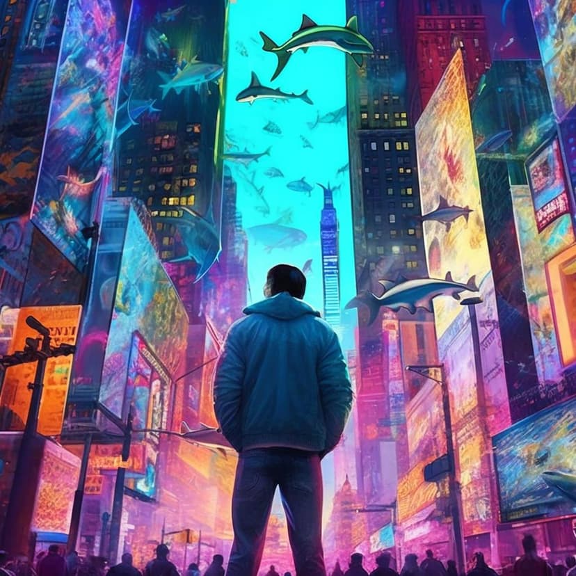 Sharks float above Times Square