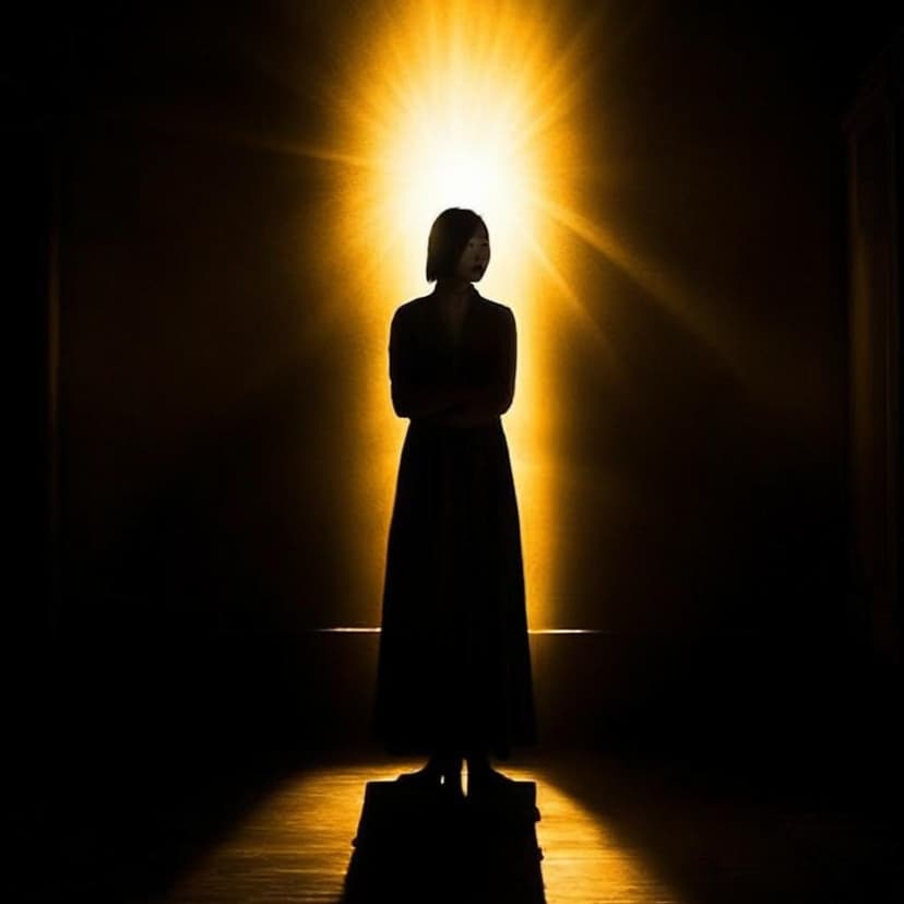 A lone Korean woman stands in a dark room