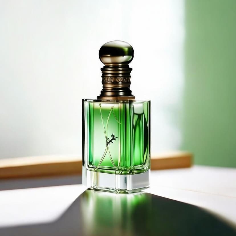 A sleek glass and wood tea-scented perfume bottle shines under moonlight against a crisp white backdrop