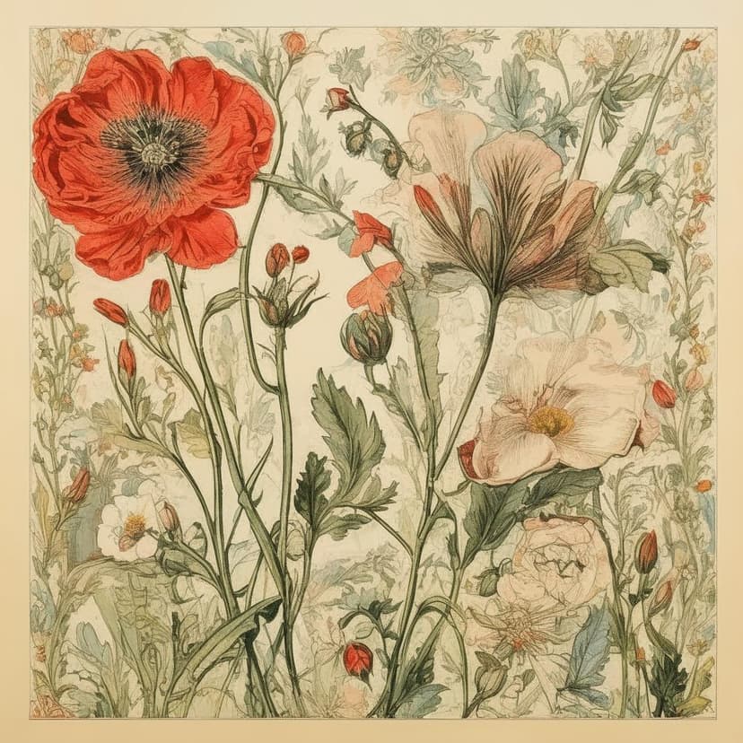 A central floral illustration