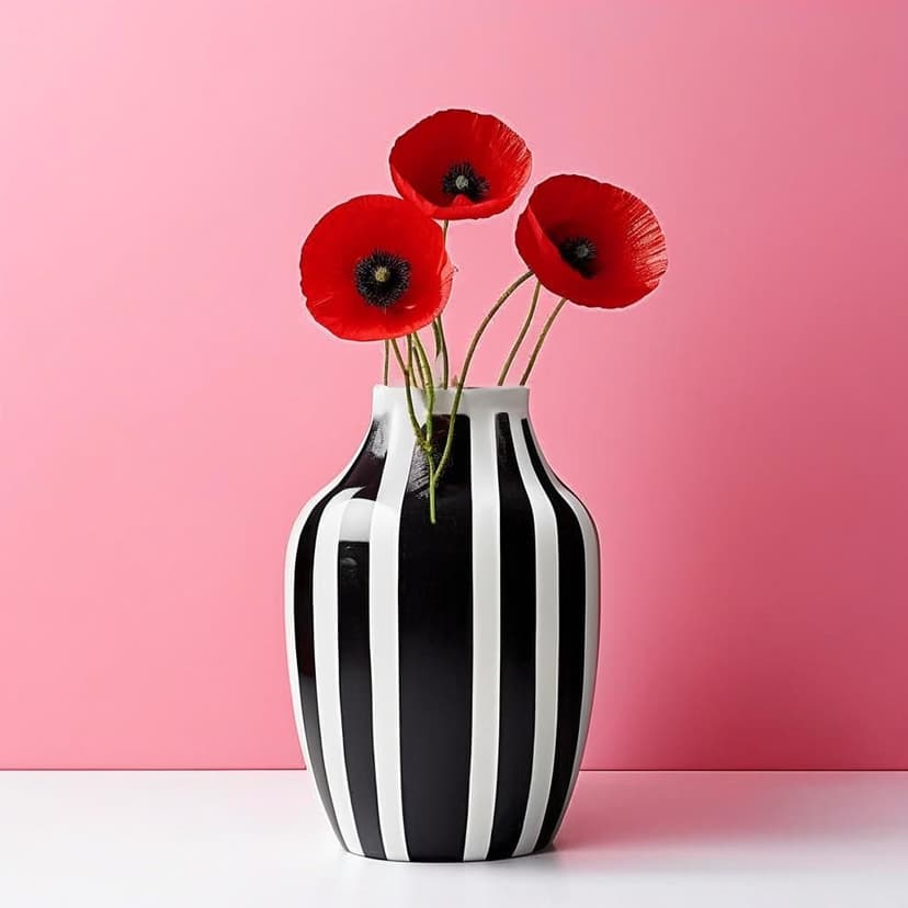 A bold black-and-white zebra-striped vase holds vibrant red poppies with soft green stems