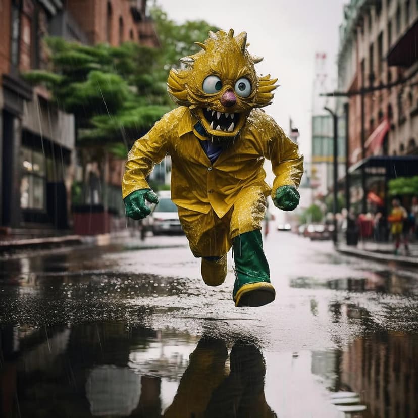A monster mascot sprints down a rain-slicked street