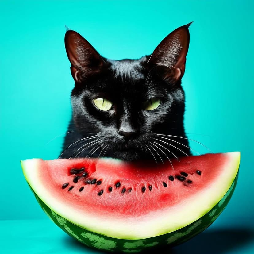 A sleek black cat peeks from behind a juicy watermelon slice