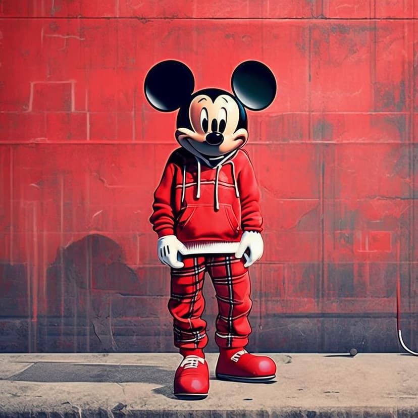 A vintage poster of Mickey Mouse in a red hoodie and plaid pants