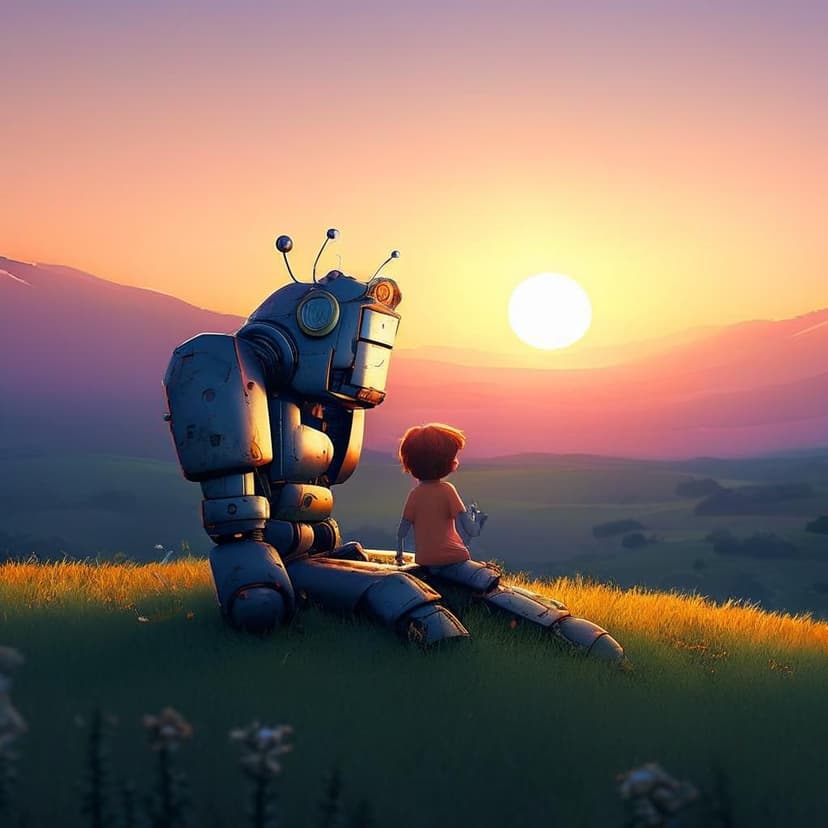 A giant robot reclines on a hillside at dusk