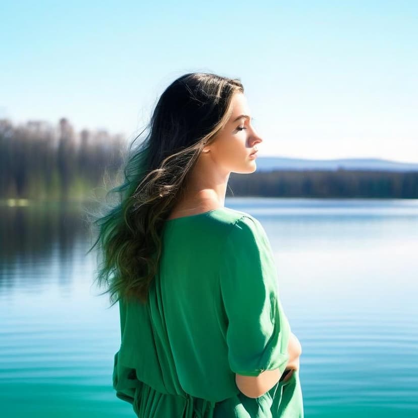 A young woman admires a green shampoo bottle