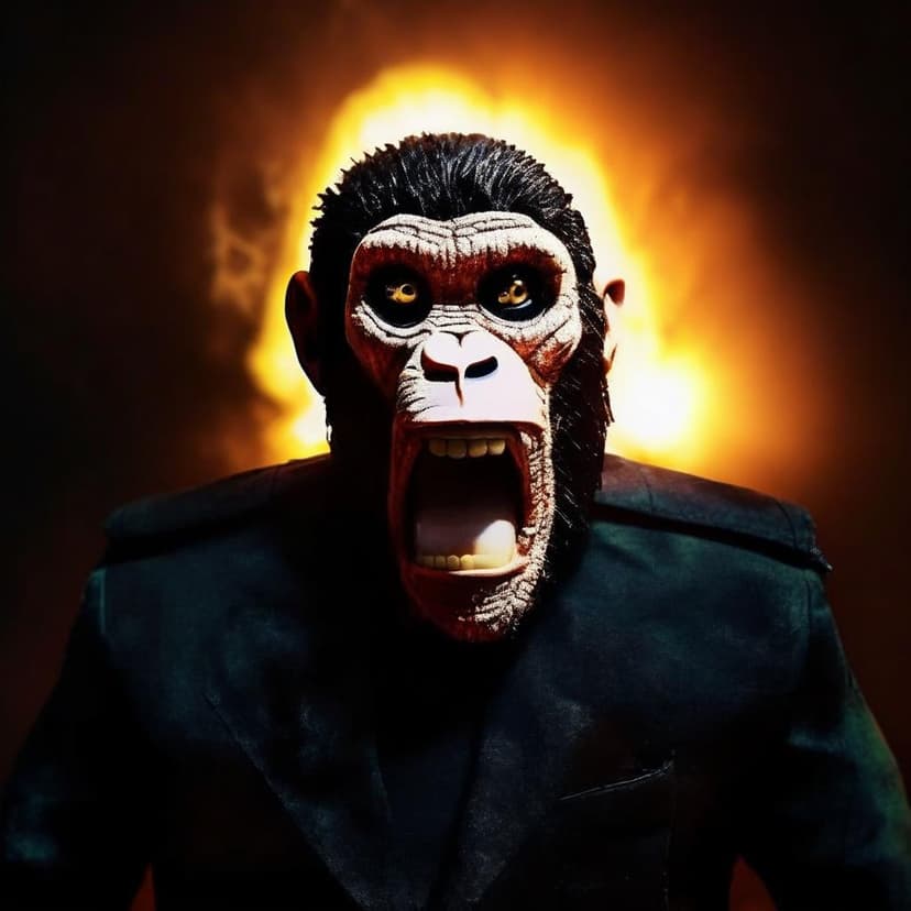 Cracked puppet leader screams “NOOO” with glowing eyes