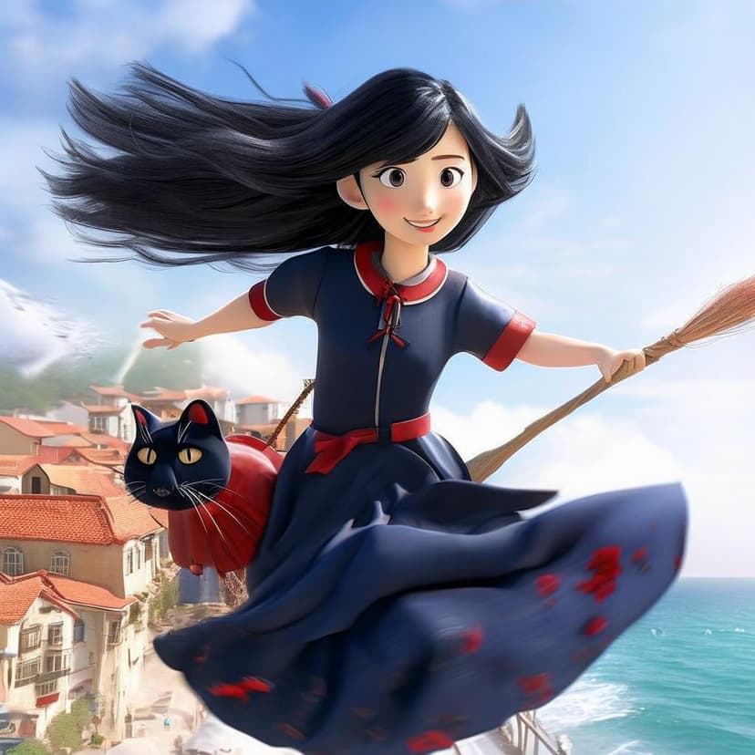A hyper-realistic CG photo of Qiqi from *Witch’s Delivery Service* flying on a broom over a coastal town. Her black hair sports a red bow