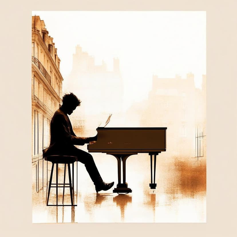 “Minimalist line art: Parisian street pianist