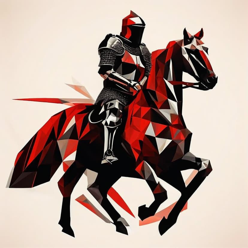 A bold red and black medieval knight on horseback