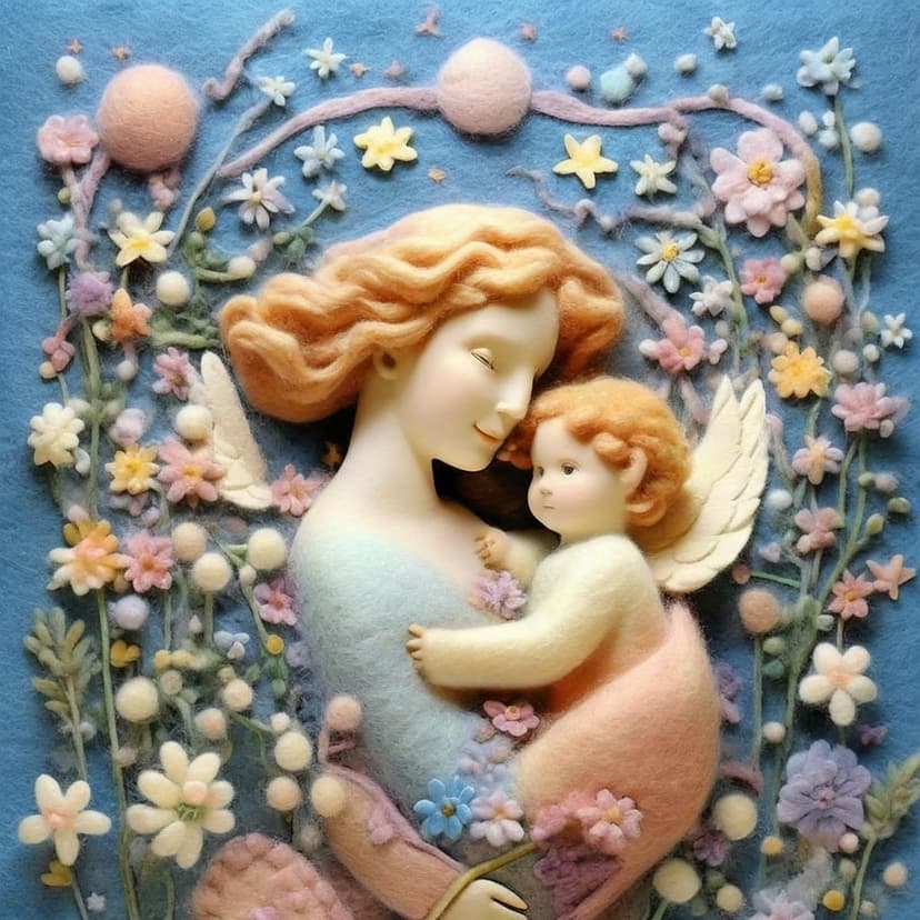 A whimsical wool felt angel cradles her child amid dreamy stars and flowers in soft Morandi pastels